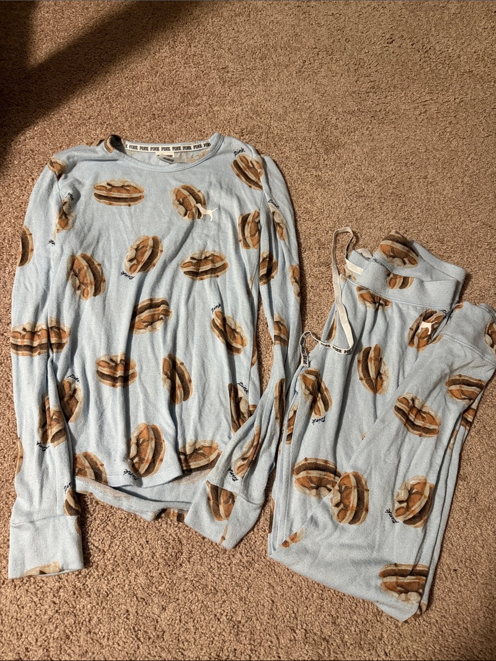 PINK Victoria's Secret Light Blue Pancake Knit Pancake Print Pajama Set S